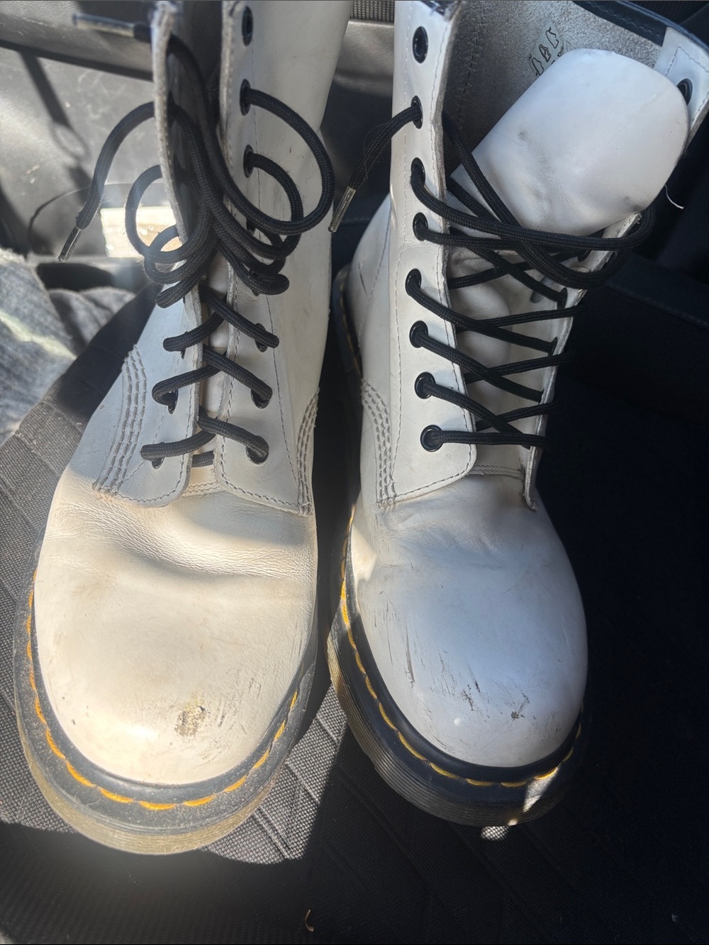 Dr. Martens White Leather Lace-Up Combat Boots with Black Laces